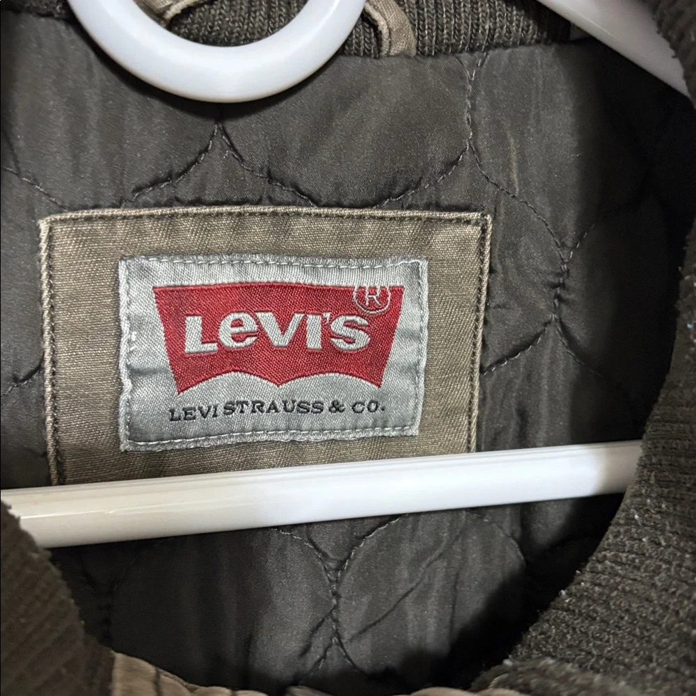 Levi's Men's Brown Quilted Green Military Jacket Zip Button Stand Collar Size L - Picture 2 of 14